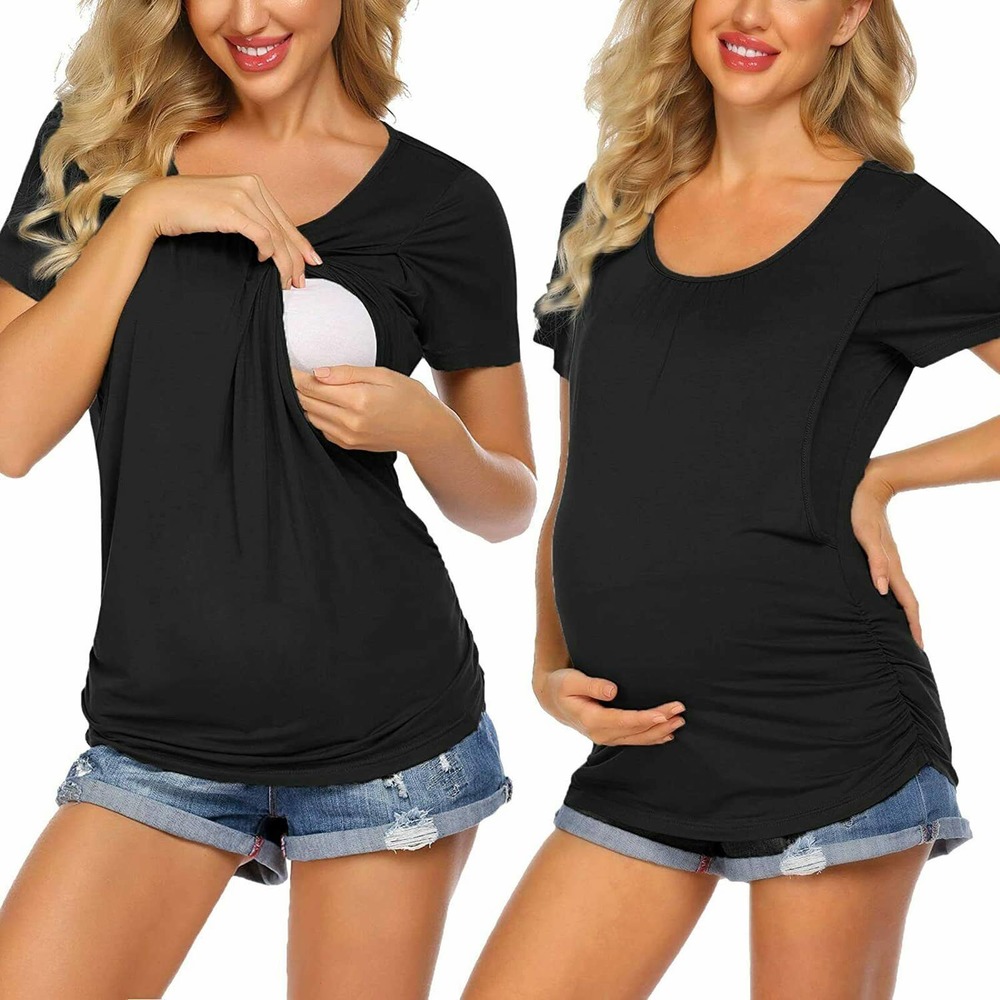 Women's Breastfeeding Tee - Soft Double Layer Maternity T-Shirts Size XL Black